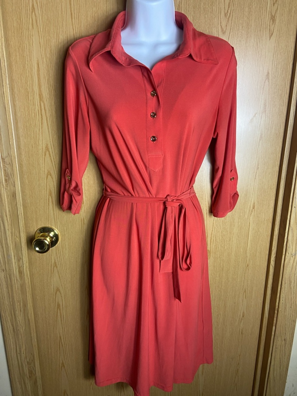 Shelby & Palmer Coral Button-Front Midi Dress with Self-Tie Waist